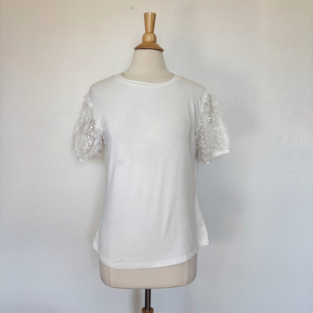 Ontwelfth Solid White Ruffle Sequin Short Sleeve Top